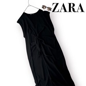 【ZARA】ゆったり★ザラ ロングワンピース ノースリーブ フレンチスリーブ 黒 スカートL 海 リゾート 夏 半袖 リボン