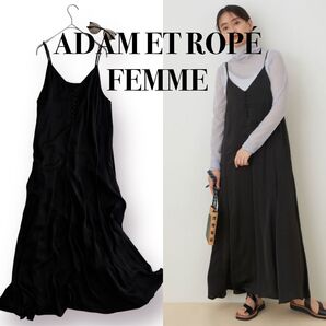 ADAM ET ROP【アダムエロペ】サテン フレア キャミ ワンピース ノースリーブ ロング 黒 ノースリーブワンピース F