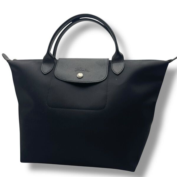 【美品】LONGCHAMP ロンシャン プリアージュ ハンドバッグ ミニトート ナイロン×レザー 本革 軽量 黒 ロゴ型押し