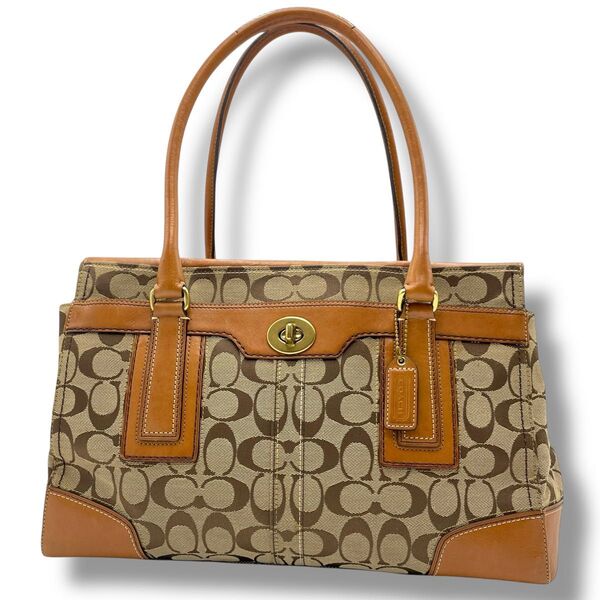 【良品】A4収納可 COACH コーチ トートバッグ キャンバス×レザー 本革 ターンロック 肩掛け シグネチャー ビジネス