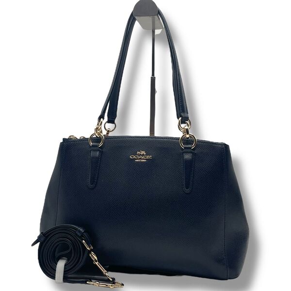 【美品】COACH コーチ 2way トート ショルダーバッグ オールレザー 本革 ネイビー 肩掛け 斜め掛け ロゴ金具 チャーム