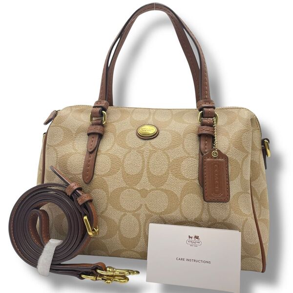 【美品】COACH コーチ 2way ハンド ショルダーバッグ PVC×レザー 本革 斜め掛け ミニボストン シグネチャー