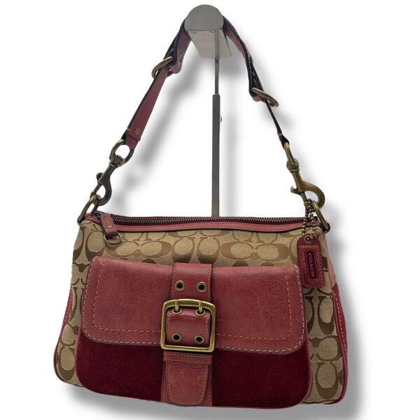 【美品】希少 COACH コーチ ワンショルダーバッグ キャンバス×レザー スエード 金具 肩掛け シグネチャー ソーホー