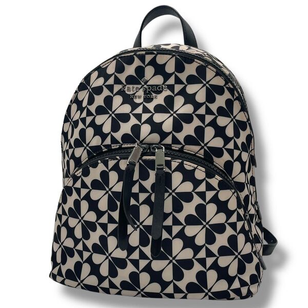 【良品】Kate Spade ケイトスペード リュック バックパック ナイロン クローバー 総柄 花柄 ロゴ金具 バイカラー