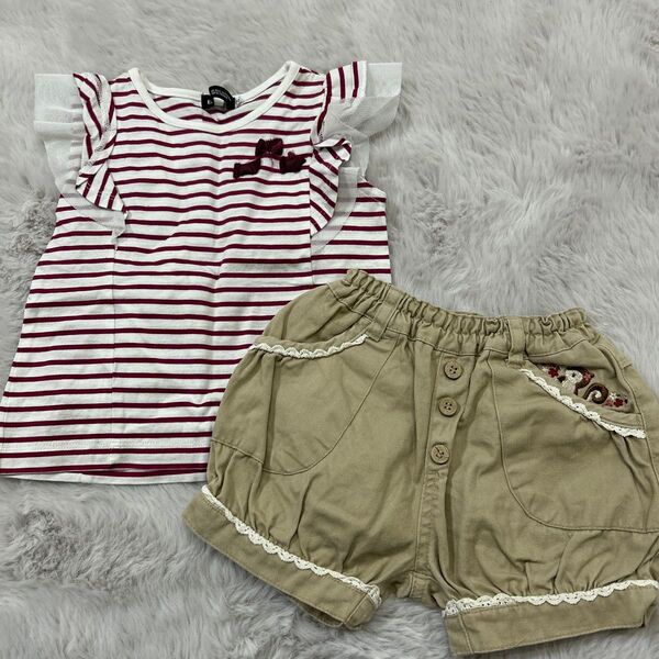 キッズ子ども女の子トップス半袖Tシャツボトムスショートパンツ2点セット90センチ べべ Bebe