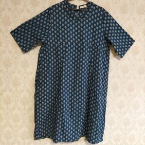 確認用⑦きりん様専用!中古品 インディゴ サイズL程度 半袖ワンピース ネイビーに花柄 インド製