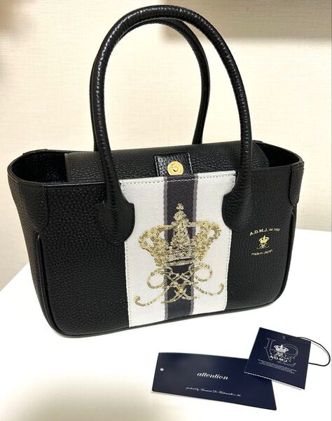【ADMJ スパンコールクラウン刺繍 レザーミニトートバッグ】角スレなし!2回使用のみ!★★used 美品★★ モノトーン