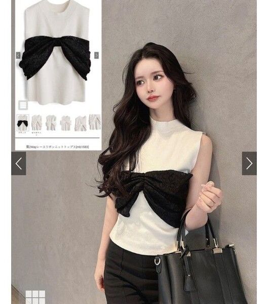 未使用タグ付き 肩2Wayレースリボンニットトップス GRL 黒x白 L ノースリーブ オフショルダー カットソー サマーニット