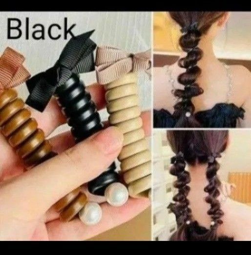 セール!ラスト1点 黒 ヘアゴム スパイラルゴム リボン パール スパイラルコーム 韓国ヘアアクセサリー