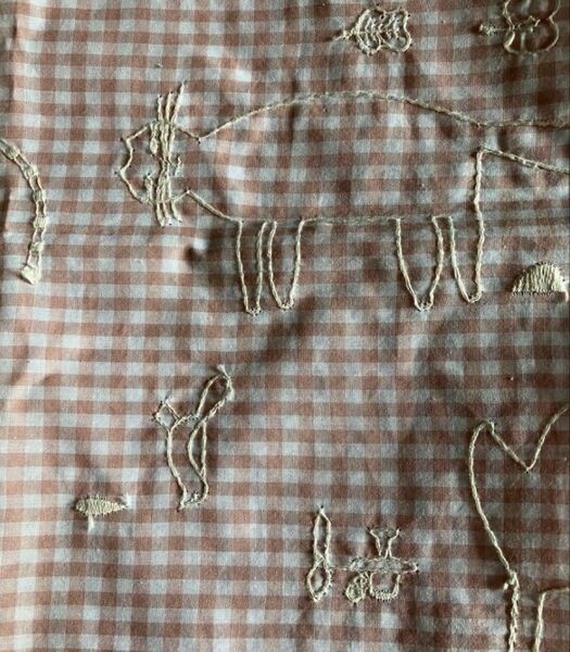 チェックアンドストライプ トラネコボンボン グレーシュピンク 刺繍生地 check&stripe