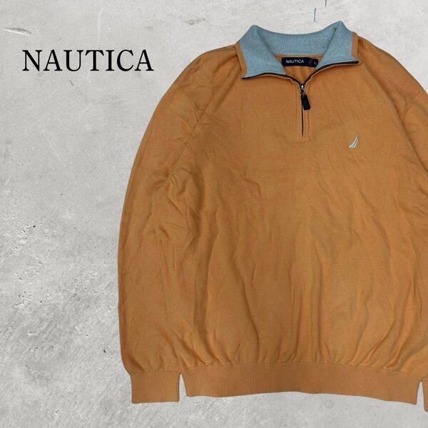 【人気ロゴ】NAUTICA ハーフジップスウェットキャメルxグレー 刺繍ロゴ