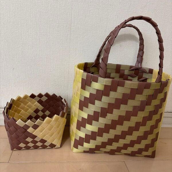 プラカゴ バッグ あじろ編みバッグ&小物入れ ハンドメイド PPバンドプラかご 茶系