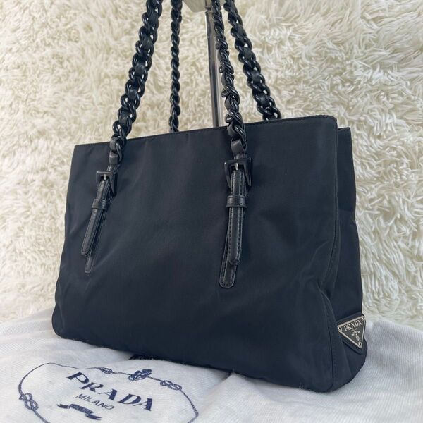 美品 PRADA プラダ チェーン トートバッグ 三角ロゴ ナイロン 黒 保存袋付き レザー レディース ハンドバッグ