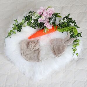 ニューボーンフォト 撮影用 小物セット フェイクファー カゴ 造花(ピンク) ウサギ衣装(帽子、オムツ隠し、にんじん)