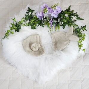 ニューボーンフォト 撮影用 小物セット フェイクファー カゴ 造花(紫) ウサギ衣装(帽子、オムツ隠し)