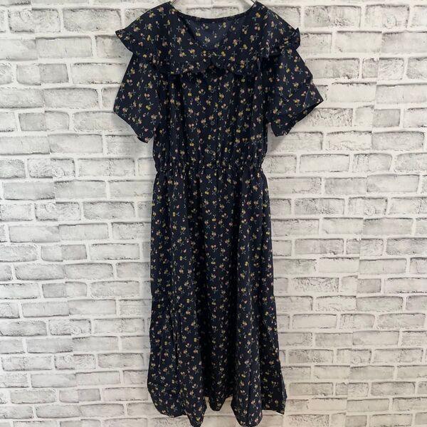 新品 フリル襟 さらっと 半袖 ワンピース さくらんぼ レトロ M