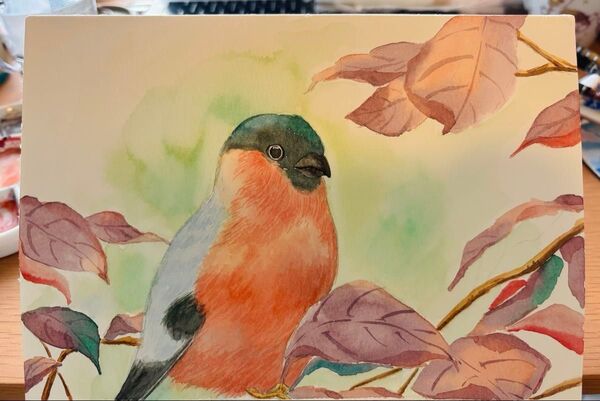 水彩画2枚 原画 鳥 動物風景画