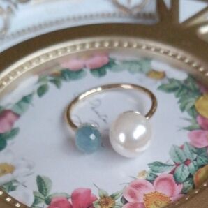 F 天然石 ディープブルーアクアマリン 貝パール フォーク リング ゴールド サージカルステンレス フリーサイズ ハンドメイド