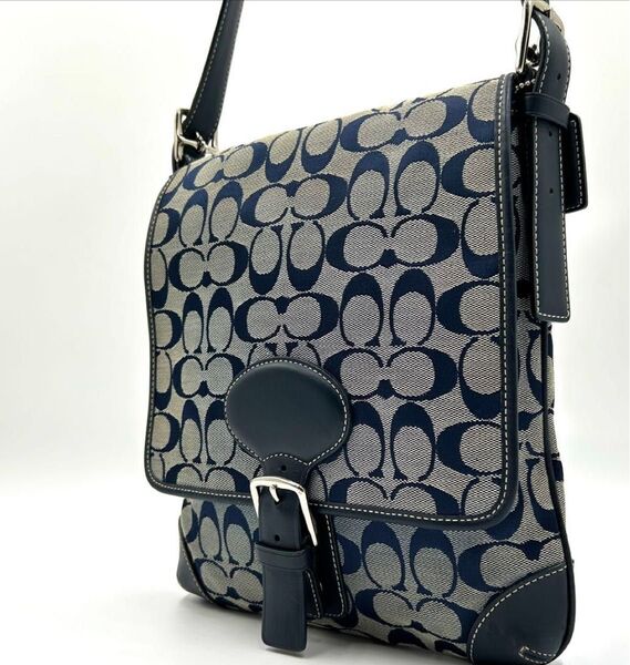 【美品】COACHレザー/キャンバス ショルダーバッグブラックシグネチャー柄