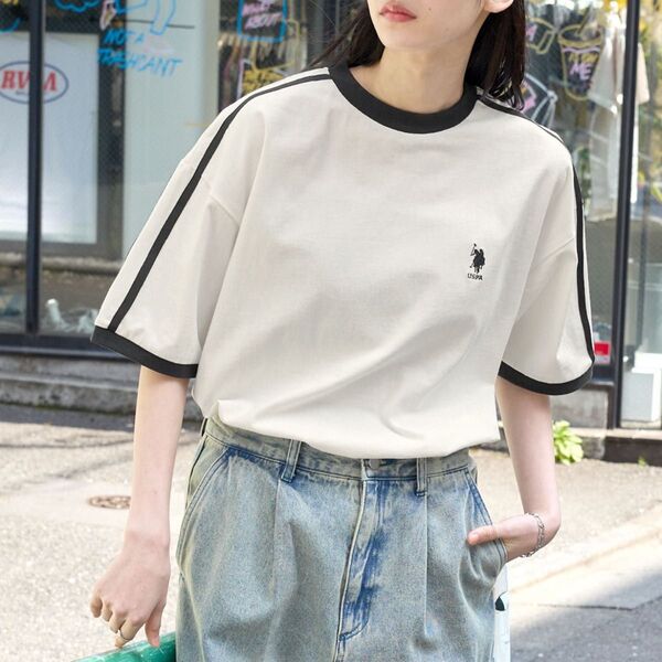 USポロ Tシャツ 半袖 クリーム色 ワンポイントロゴ入り