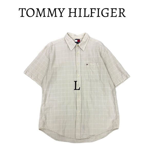 美品 TOMMY HILFIGER トミー ヒルフィガー 半袖 半袖シャツ L ベージュ チェック コットン