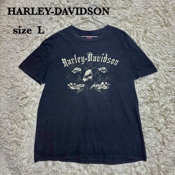 00s HARLEY-DAVIDSON ハーレーダビッドソン Tシャツ L スカル イーグル 墨黒 両面プリント 古着 ブラック
