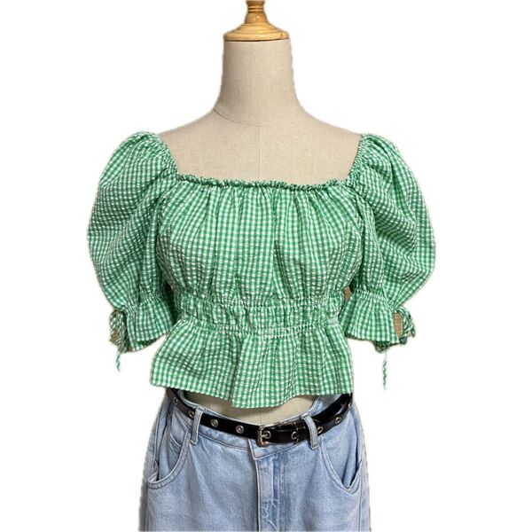 DEVIDED H&M ギンガムチェック パフスリーブ ショート丈 ブラウス グリーン 緑