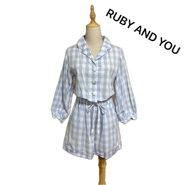 RUBY AND YOU ルビーアンドユー コンビネゾン ギンガムチェック 水色 オールインワン パフスリーブ ショートパンツ