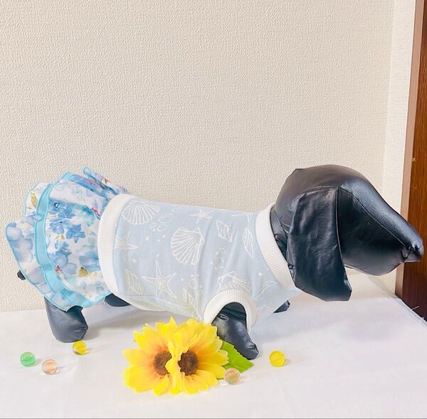 涼やかマリンの夏ワンピース 【犬服】小型犬用ワンピース 花柄 うさぎ 春夏 ハンドメイド チワワ トイプードル