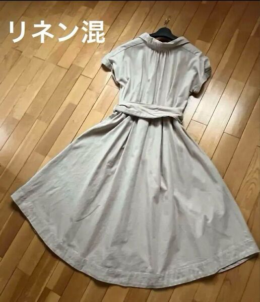 リネン混ワンピース ベージュ リボン付き