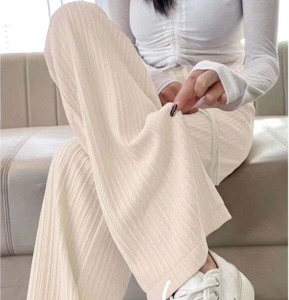 ワイドパンツ ゆったり 白 韓国 ゆったり 美脚 着痩せ 無地 カジュアル ゴム パンツ ズボン ストレートパンツ ストレッチ