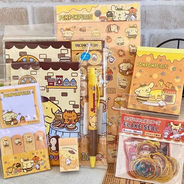 ポムポムプリン◆レターセット シール メモ帳 付箋 シャープペンシル 消しゴム 文房具まとめて◇サンリオ 可愛い♪