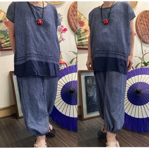 兵児帯(紺色)(絹100%)のトップスとパンツのセット 着物リメイク
