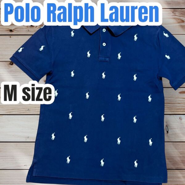 Polo Ralph Lauren ポロラルフローレン 半袖 ポロシャツ 総柄 刺繍 ポニー ネイビー コットン