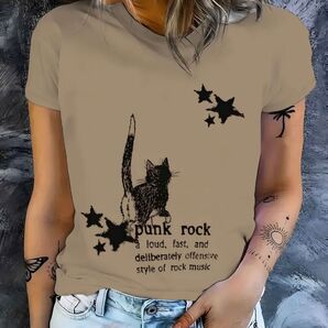 黒猫柄 パンクロック半袖Tシャツ