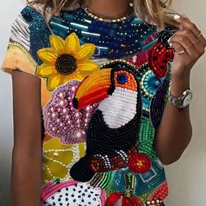 鳥柄 トロピカルビーズ風半袖Tシャツ 3dプリント 個性的