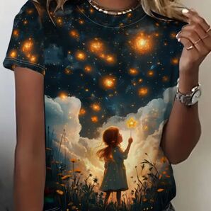 女の子と星空と蛍柄 半袖Tシャツ