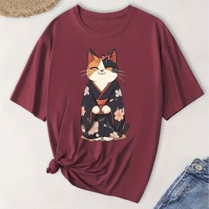 三毛猫柄 着物を着ている猫ちゃん ボルドーカラー ブルゴーニュカラー