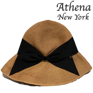 美品 アシーナニューヨーク ロゴチャーム付き リボン ストローハット 黒 ブラック Risako リサコ Athena New York 麦わら帽子