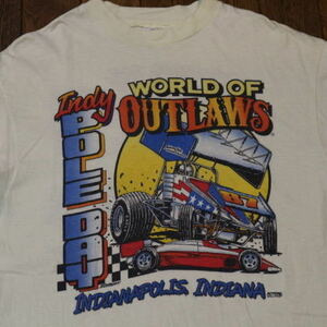 80s USA製 WOLD OF OUTLOW Tシャツ L イエロー Hanes 両面プリント アメ車 スプリントカー レーシングカー レース ヴィンテージ