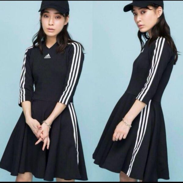 アディダス adidas 3ストライプ L フレアワンピース ブラック 黒 ワンピース
