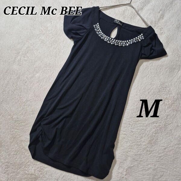 CECIL Mc BEE セシルマクビー ビーズ ブラック 半袖ワンピース チュニック ギャザー ビジュー 黒 M カットソー
