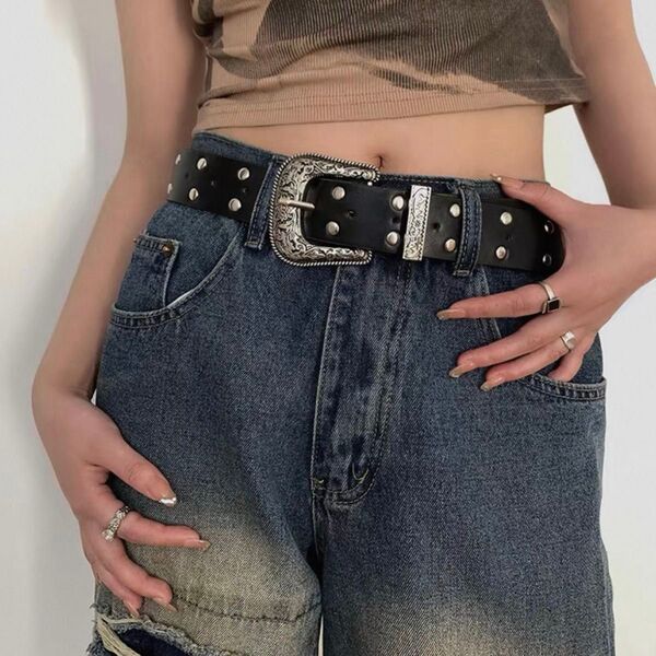ウエスタン ヴィンテージ スタッズ y2k 古着 パンク グランジ 韓国 アメカジ 黒 男女兼用 レディース メンズ ブラック