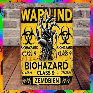 【ブリキ看板】バイオハザード biohazard ゾンビ 警告 アメリカン雑貨