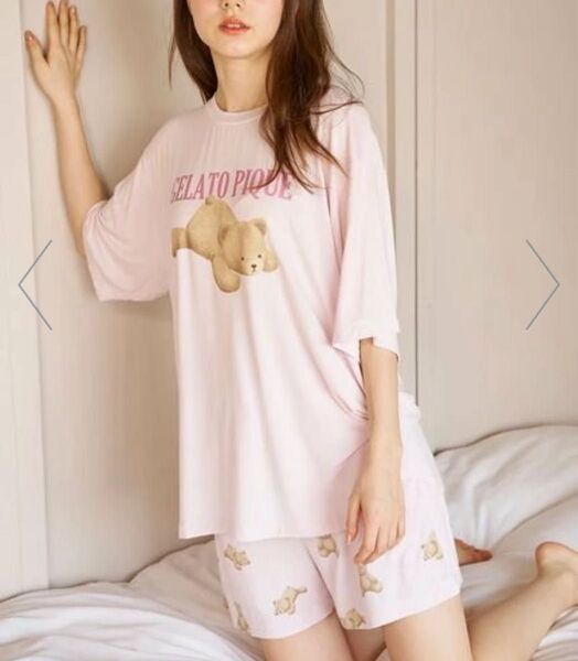 【ピンク】ジェラートピケ ベアワンポイントTシャツ&ショートパンツセット