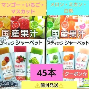 ☆国産果汁☆凍らせて食べるスティックシャーベット【5袋分・計45本】いちご・メロン ★特価★折り紙1枚②