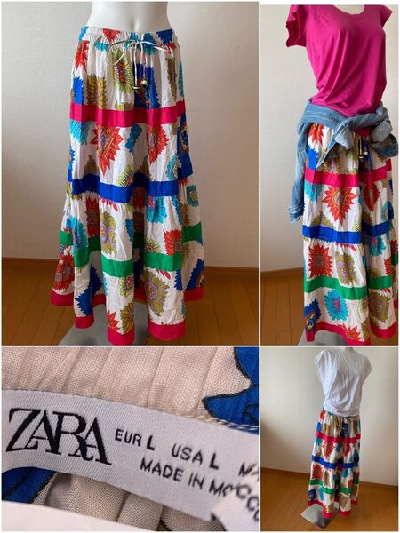 Zara ザラ ウエストゴム コットン ティアードスカート 鮮やか花柄 ロングスカート フレアロングスカート カラフル