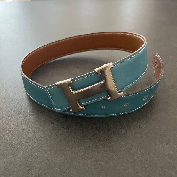HERMES エルメス コンスタンス Hベルト ブルーシルバー金具 80