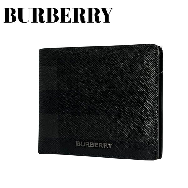 【極美】BURBERRY バーバリー 二つ折り財布 コインケース カードケース PVC スモークドチェック ロゴ金具 黒