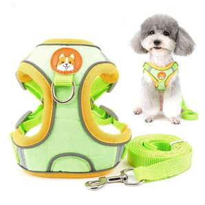犬ハーネス 首輪 胴輪 ソフト 簡単着脱 咳き込み軽減 グリーン L 小型犬用 猫用 散歩 リード